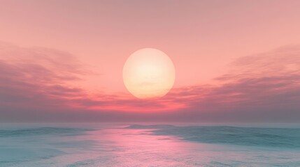 A serene sunset over a tranquil ocean, featuring soft pink and purple hues in the sky.
