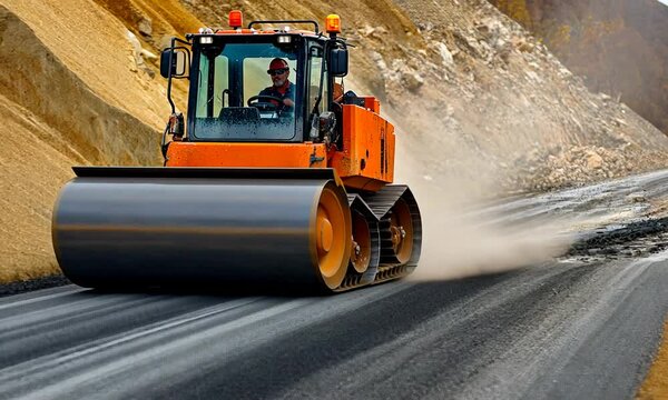 A heavy orange roller compactor is working on a gravel road, smoothing the surface and creating a solid foundation for construction. Dust is rising from the ground as it moves.