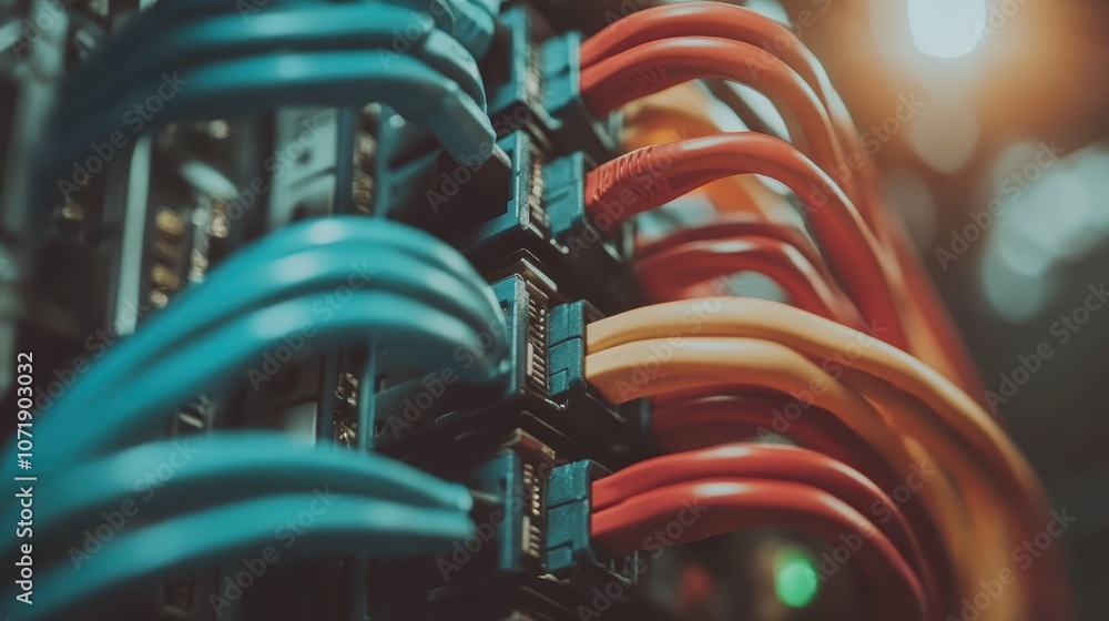 Poster a striking visual of blue and red network cables connected in a data center, symbolizing technologic