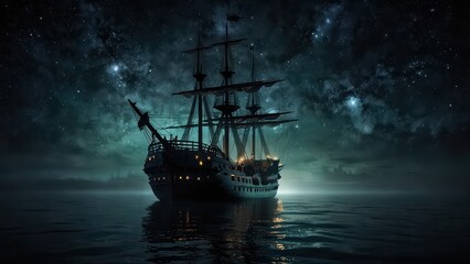 Fototapeta premium A Vintage ship in a sea at night