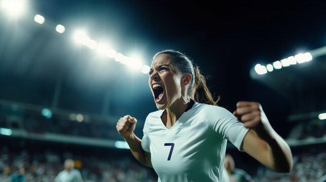 A woman soccer player in a white shirt celebrating a victory during a night football match at the stadium. A number 7 woman football player in white, passionately celebrates a goal during the match. - Powered by Adobe