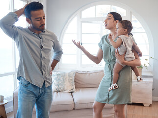 Argument, upset and parents with baby in home with conflict for financial stress, debt or money...