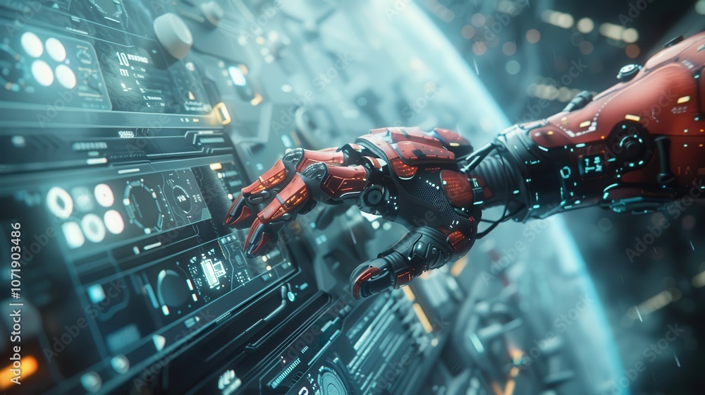 Poster a robotic hand interacts with a futuristic control panel in a high-tech environment.