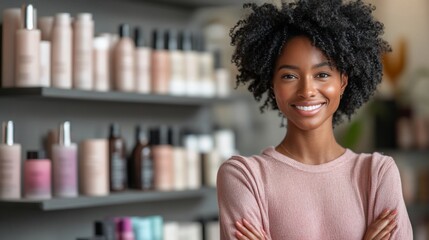 A smiling Black woman with curly hair stands in front of shelves of hair products.