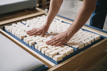 Close-up view of a skilled artisan meticulously installing foam padding into a wooden frame for upholstered furniture. 