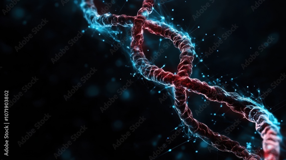 Poster a glowing dna helix rendered in red and blue tones against a dark backdrop, representing the intrica
