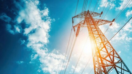 A tall transmission tower stretches out against the backdrop of a sunny, cloud-dotted sky, highlighting the themes of energy and technological advancement outdoors.