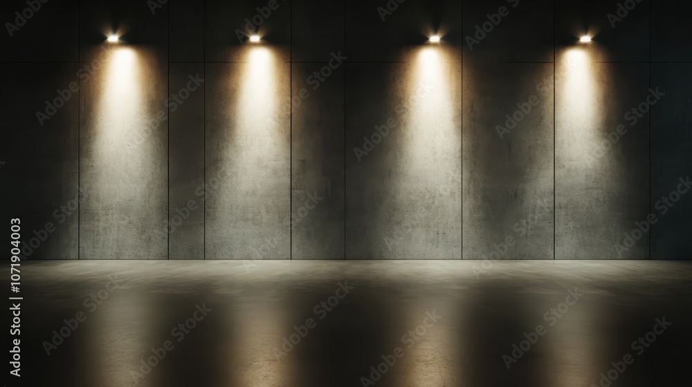 Poster a concrete wall is illuminated by several spotlights, creating a pattern of light and shadow on the 
