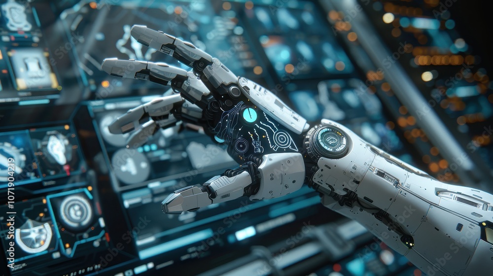 Poster a robotic hand interacting with a high-tech interface, showcasing advanced technology.