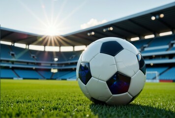 Fototapeta premium A soccer ball is lying on the green grass in front of a stadium