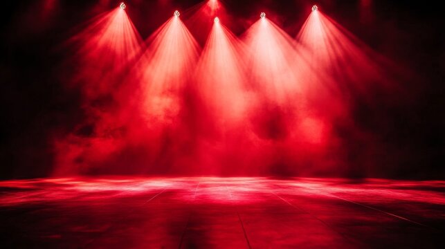 Dynamic Empty Stage with Red Spotlights and Smoke for Consert Party Presentation Concept