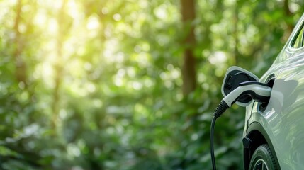 An electric vehicle plugged in and charging amid lush green woodland, symbolizing sustainable energy use integrated with nature's beauty and serene calm.