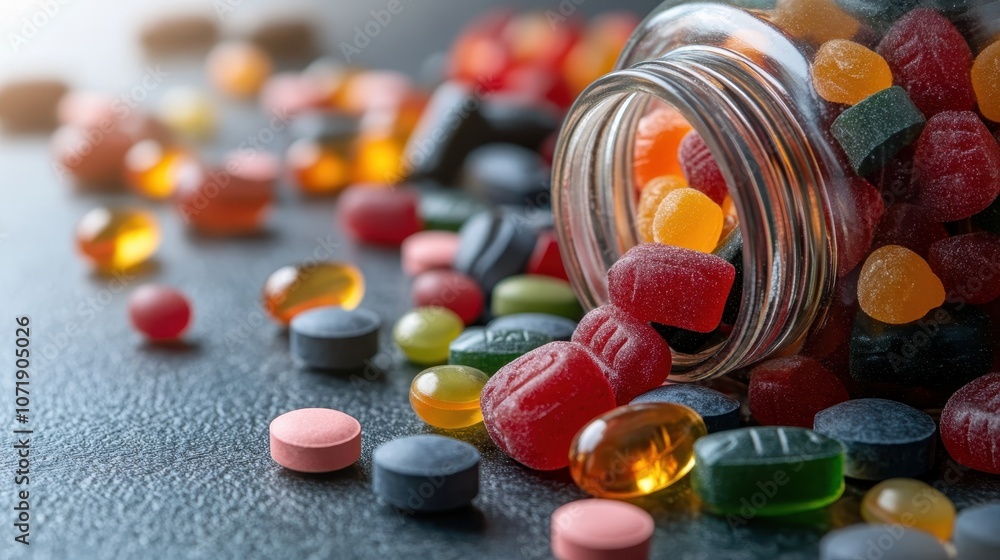 Poster a vibrant assortment of candies overflowing from a glass jar, featuring a mix of soft gummies and ta