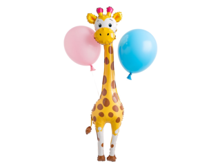 a balloon giraffe holding two balloons