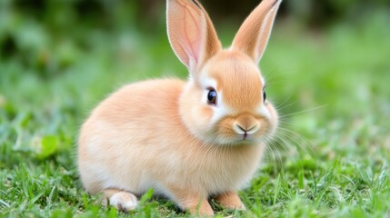 Obraz premium Fluffy Bunny on Fresh Grass, Ears Upright