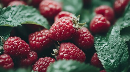 A detailed macro shot capturing the natural allure of fresh, juicy raspberries among leafy greenery, evoking the essence of summer and organic abundance.