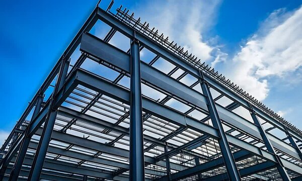 A modern steel structure under construction, showcasing a framework against a blue sky with scattered clouds, emphasizing industrial design and architectural progress.