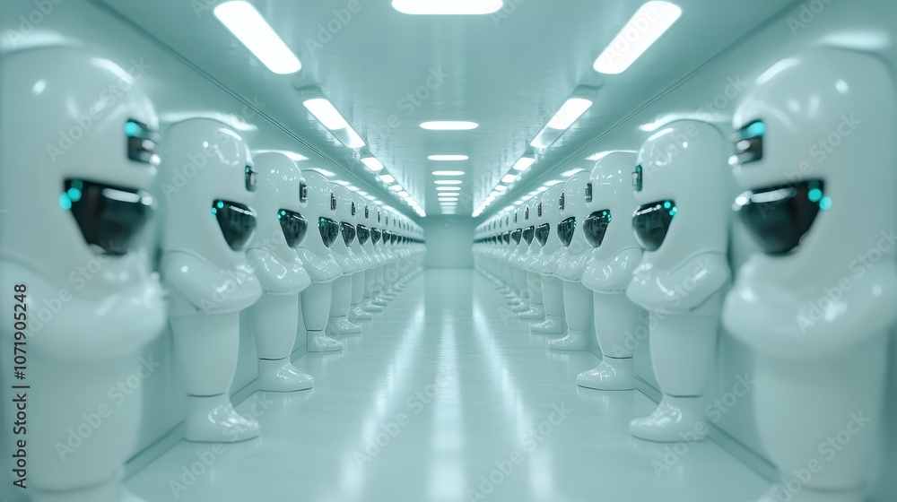 Poster sleek white robots are aligned symmetrically in an illuminated corridor, projecting a futuristic and