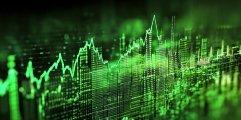 Global Stock Market Rally Concept: Green Growth Graph and Digital Globe with Cryptocurrency Background