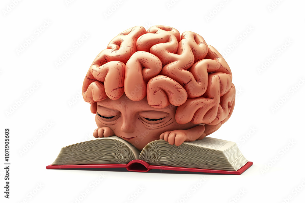 Poster a stylized brain sculpture rests on an open book, symbolizing knowledge and learning, blending creat