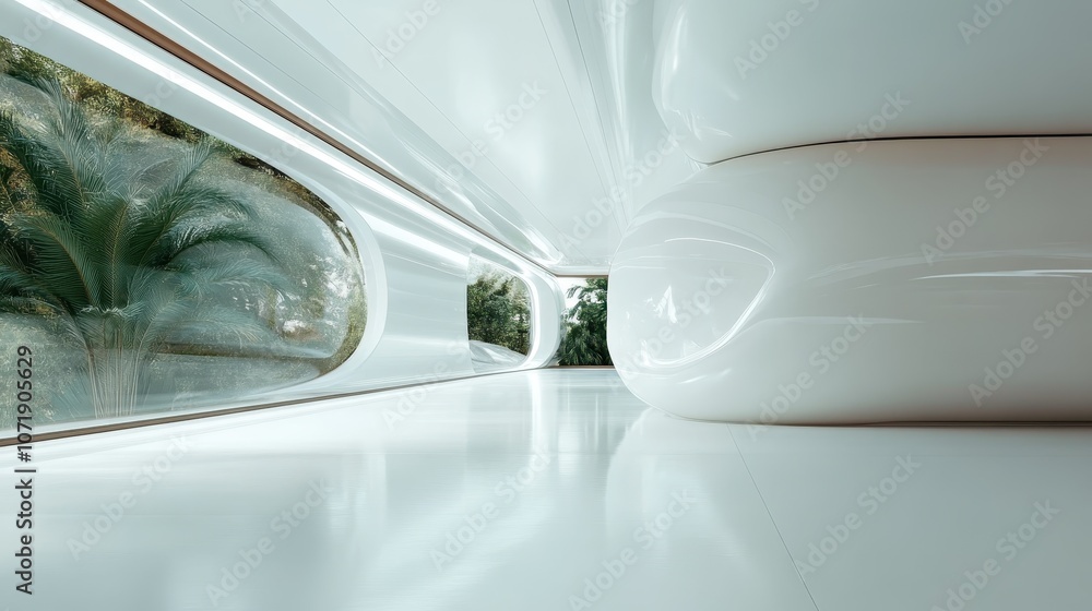 Poster a sleek, minimalistic space with large windows and curved walls featuring future-inspired interior d