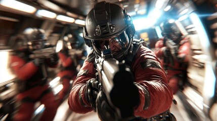 A dynamic tactical team in red gear charges forward with focused intensity, demonstrating strength, synchronization, and strategic precision in a high-pressure scenario.