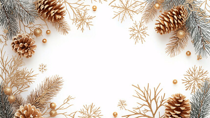 Naklejka premium Elegant winter holiday frame featuring gold pinecones and snowflakes, ideal for seasonal greetings, invitations, or decorative holiday cards.