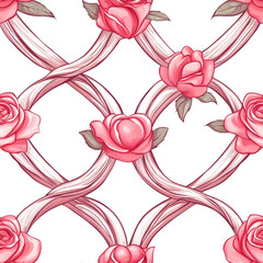 Pink roses intertwined with flowing ribbons floral seamless pattern transparent background