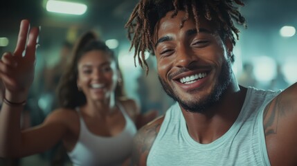 Fototapeta premium A young man and woman share a moment of happiness, capturing a selfie with smiles and peace signs, surrounded by a bustling gym environment.