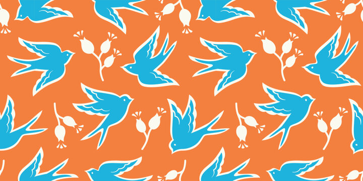 Seamless pattern with playful birds and botanicals on bright orange. Colorful nature-inspired pattern with birds and flowers. Linocut style.
