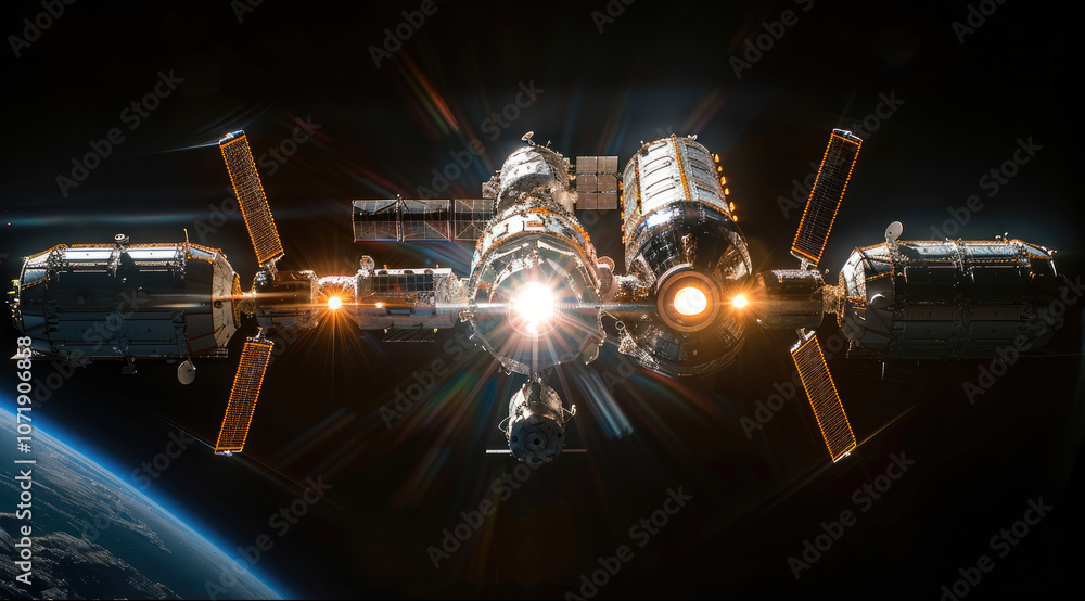 Poster a space station with four distinct modules connecting in the center, orbiting above the earth, the s