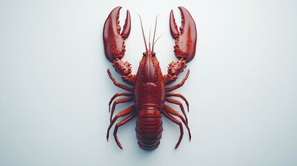 61.A cooked lobster placed in a symmetrical position on a white background. The vibrant red shell glistens under soft lighting, and the details of the claws, body segments, and tail are clearly