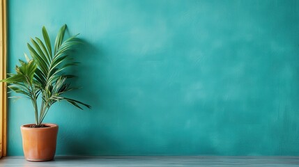 Fototapeta premium This serene image showcases a potted plant against a clear turquoise wall, highlighting tranquility and freshness. Excellent for interior design and calming themes.