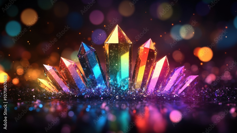 Poster a dazzling array of colorful crystals glimmering against a vibrant, blurred bokeh background.