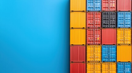 Obraz premium Colorful Shipping Containers Stacked Vertically Against a Bright Blue Wall in a Modern Industrial Setting, Emphasizing Urban Logistics and Transport