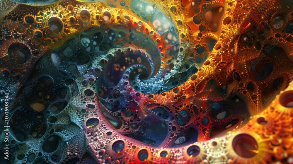 Poster vibrant abstract colorful fractal patterns in a dynamic swirling design featuring intricate geometri