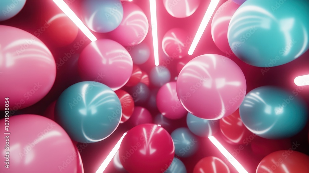 Poster a vibrant and dynamic abstract scene of colorful spheres set among striking lights, creating a visua