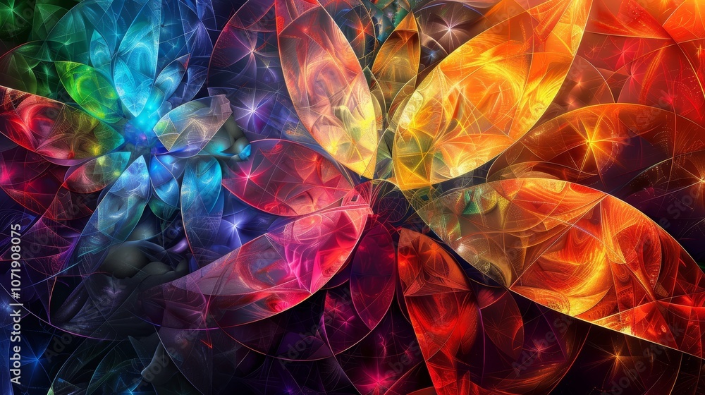 Poster vibrant abstract colorful fractal patterns featuring geometric shapes and radiant colors for creativ