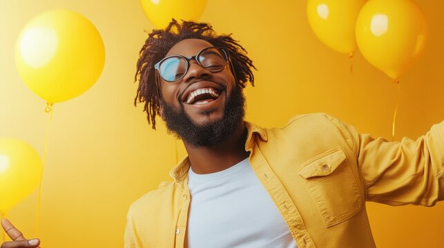 A cheerful man in a yellow shirt and glasses, smiling widely while surrounded by yellow balloons, captures a moment of pure joy against a sunny background.