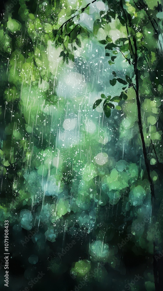 Poster create a soft bokeh effect with shades of green and blue that evokes serenity