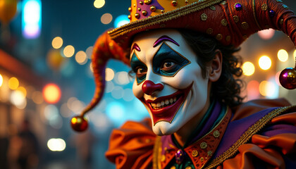 Close-up of a clown performer with vibrant makeup and colorful costume showcasing excitement and joy in a festive atmosphere
