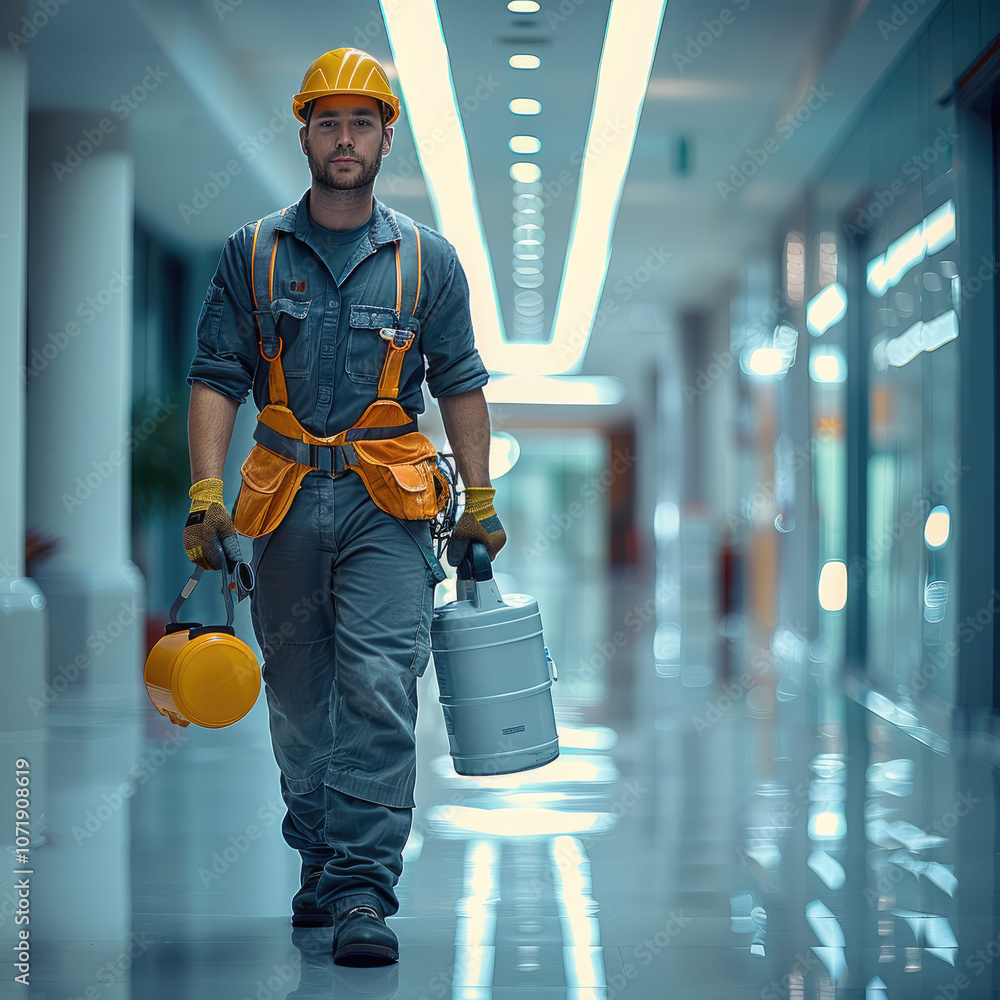 Poster Skilled maintenance worker in modern building, carrying tools, maintaining building security systems and cleaning common areas.