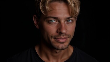 Fototapeta premium Young man with stylish blonde hair displaying confidence and charisma against a dark background