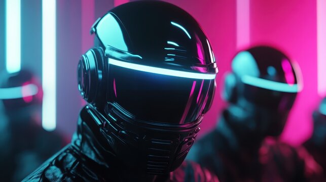 The image showcases a sleek futuristic helmet reflecting neon pink and blue lights, suggesting a theme of technology, modernity, and cyber aesthetics.