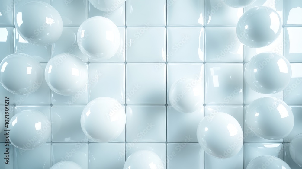 Poster white spheres are precisely aligned on a tiled surface, creating a tranquil and orderly composition 