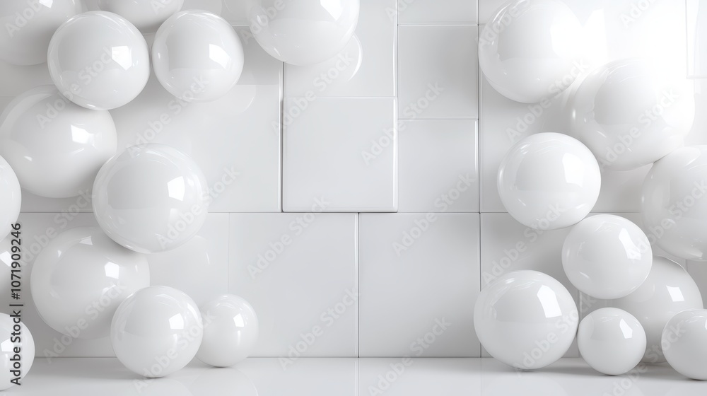Poster glossy white spheres rest on a sleek, tiled background, illustrating a harmonious balance between fo