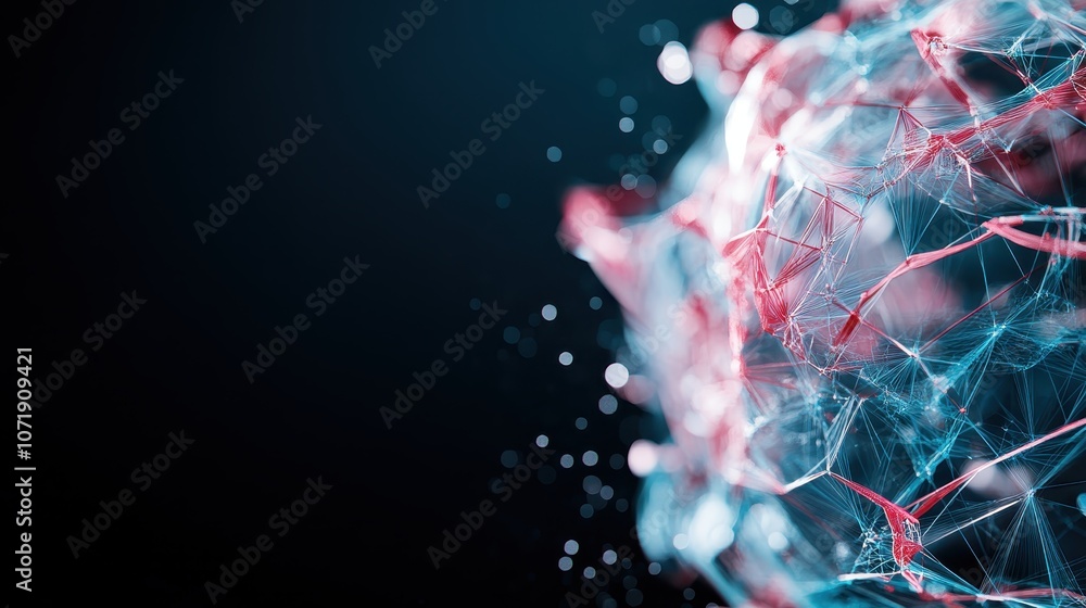 Poster this image features an abstract digital network in vibrant red and blue hues against a dark backgrou