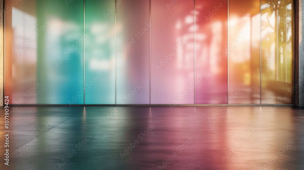 Poster a vibrant gradient wall features a spectrum of colors reflecting sunlight in an empty modern space, 