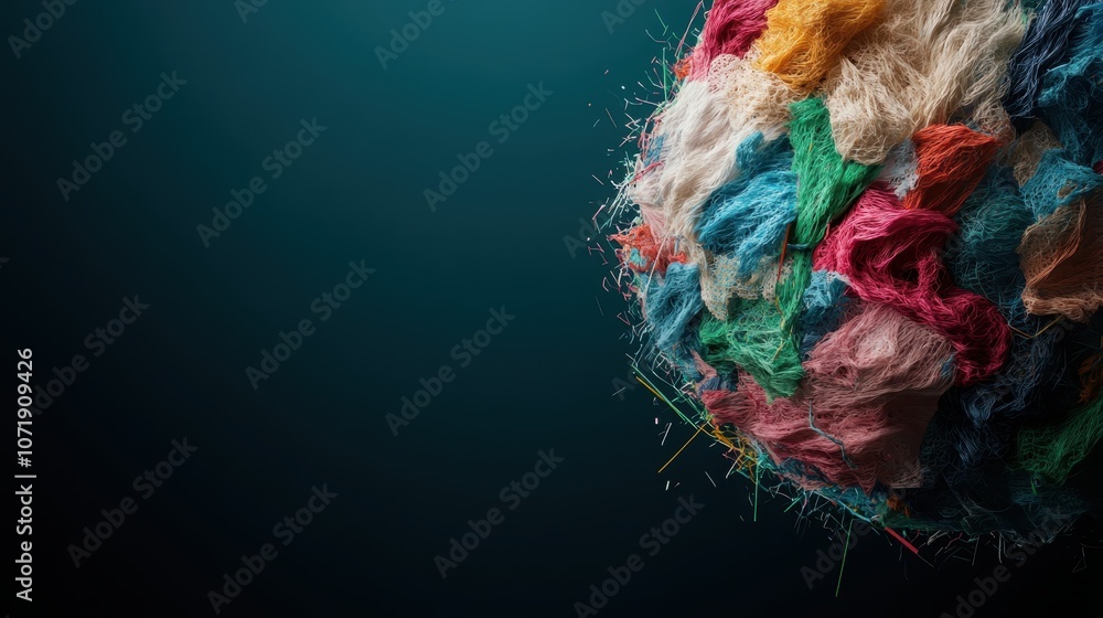 Poster an abstract image featuring a vibrant, textured sphere composed of multicolored threads, set against