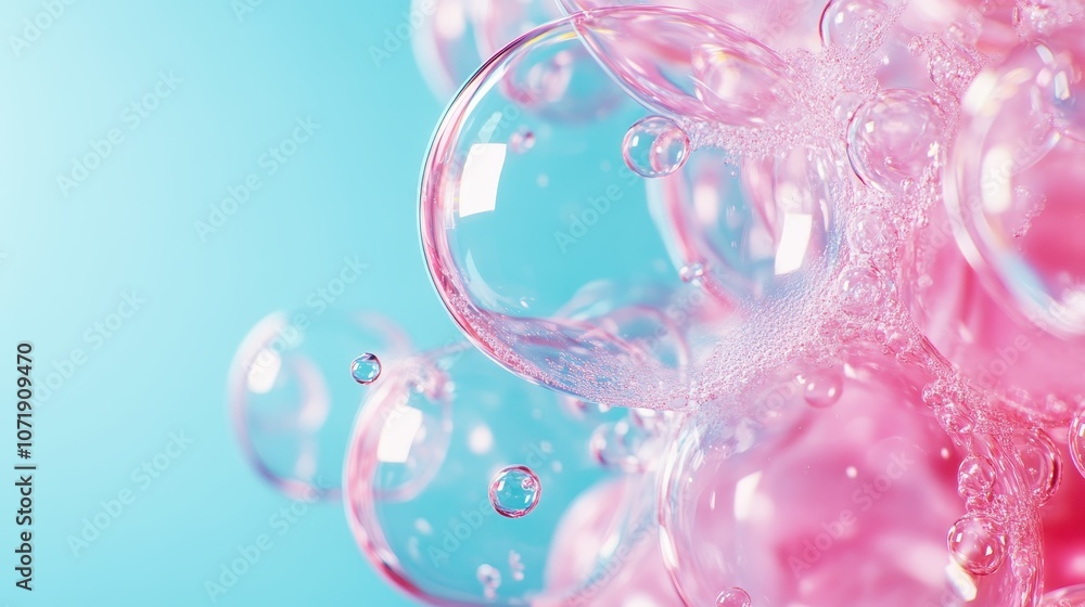 Poster an enchanting display of bright, pink bubbles floating in front of a vibrant blue backdrop, creating